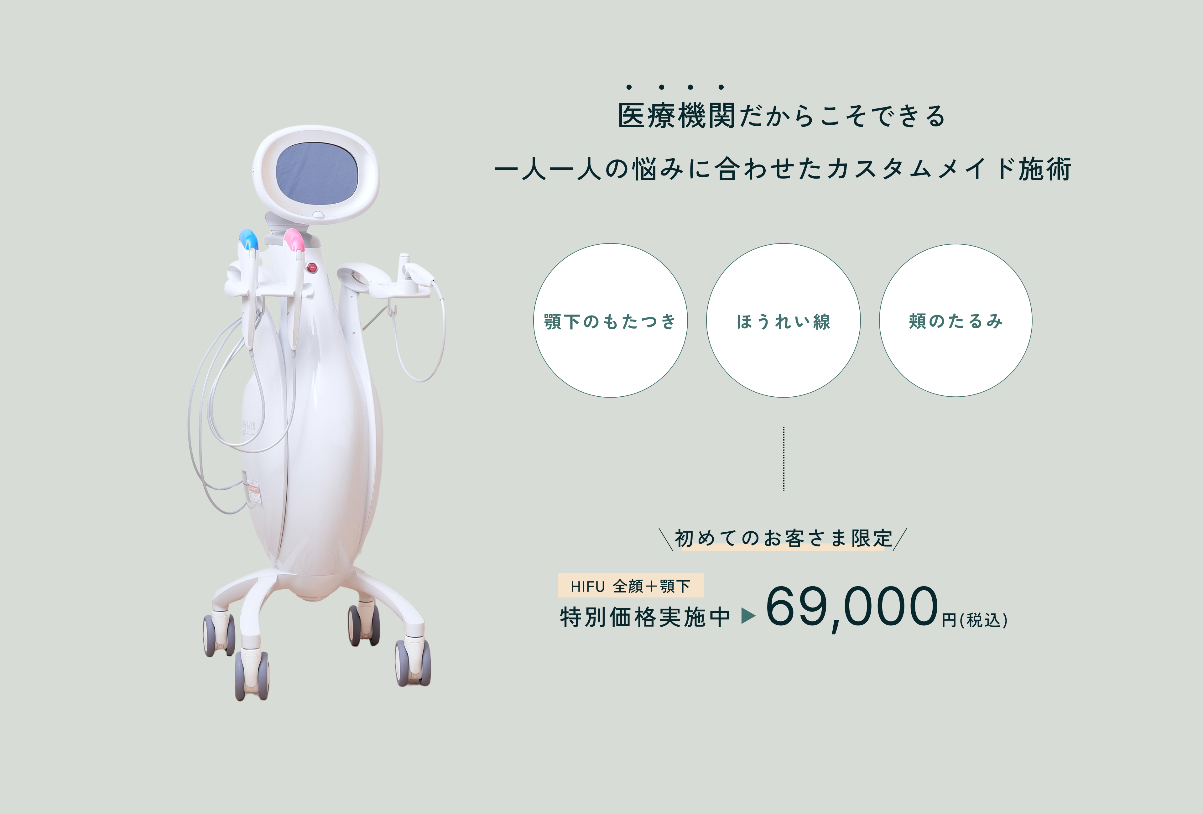 医療機関だからこそできる一人一人の悩みに合った技術 顎下のもたつき ほうれい線 頬のたるみ 初めてのお客さま限定 HIFU 全顔+顎下 特別価格実施中 49,800円（税込み）